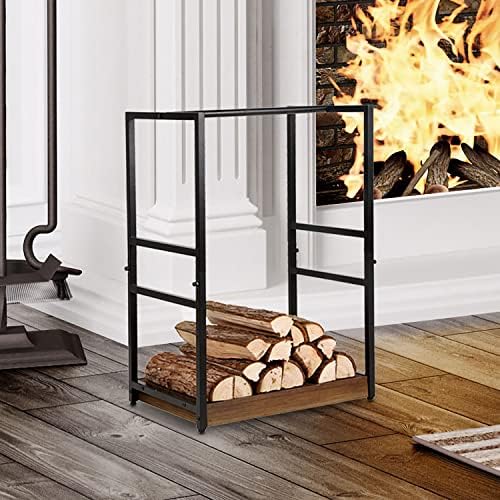 Mygift Indoor Firewood Rack, suporte industrial da pilha de incêndio em metal preto com base de madeira