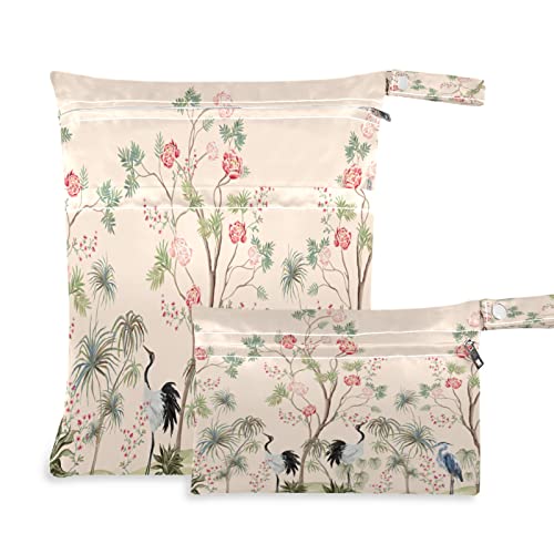 Xigua 2pcs exótico de guindaste floral pássaro molhado sacos seco para fraldas de pano bolsa de banho à prova d'água com pulseira de punho para viajar bolsa de praia