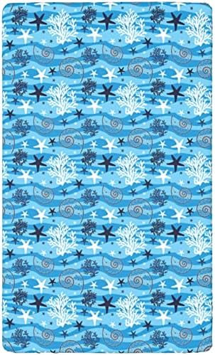Cascas marinhas com tema Mini lençóis de berço, lençóis portáteis de mini berço, lençóis de cama macios e respiráveis, de menino ou garotas ou berçário, 24 “x38“, azul branco escuro azul branco azul