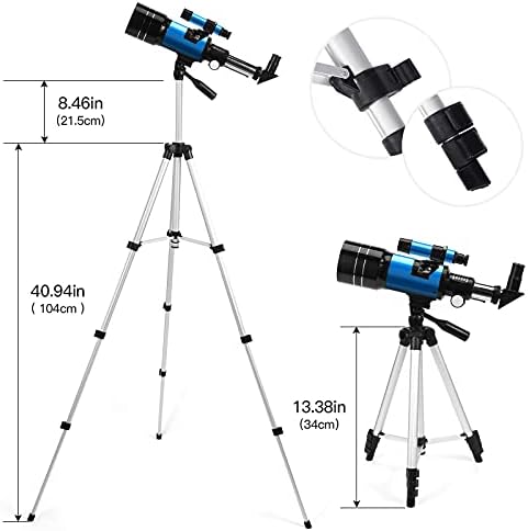 Telescópio para crianças e adultos e iniciantes, montagem de Aperture AZ de 300 mm de 70 mm com tripé ajustável e óptica totalmente multi-revestida, telescópio portátil de astronomia portátil