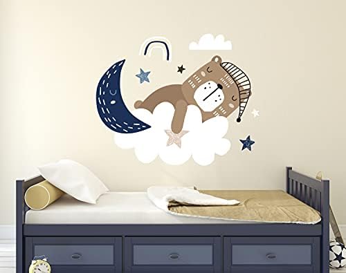 Urso dormindo na lua decalque da parede - urso decoração de parede da lua - decalques de parede de berçário