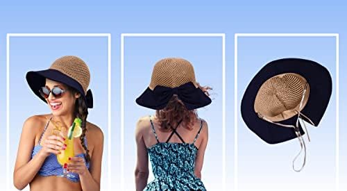 Chapéu de sol de palha para mulheres, limite de proteção UV de 50+ da aba upf com arco, chapéu de praia embalável