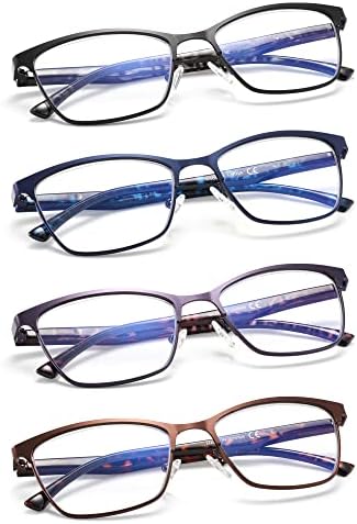 Hiyanjn 4 óculos de leitura de embalagem para mulheres azuis bloqueando metal de moldura de moldura de