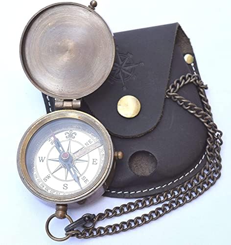 Bússola de relógio de bronze, bússola antiga náutica com estojo de couro | Bússola gravável, bússola,