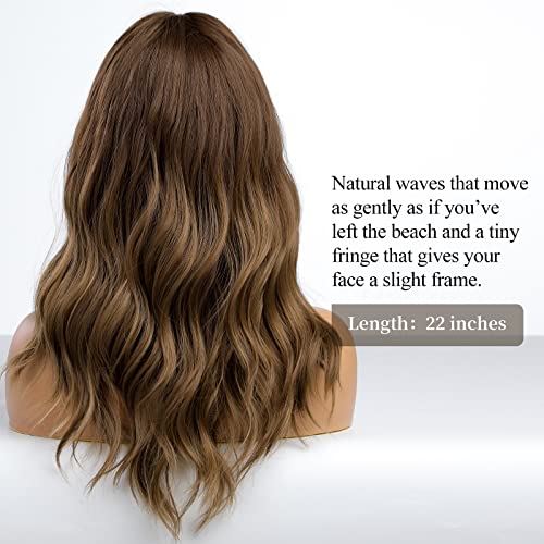 Perucas marrons de onda longa de cabelo com franja, perucas castanhas ombre marrom para mulheres perucas sintéticas