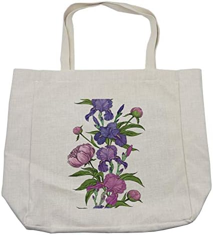 Bolsa de compras de Ambesonne Peony, flores ingênuas de tons roxos da mão, Flor Iris, bolsa reutilizável ecológica