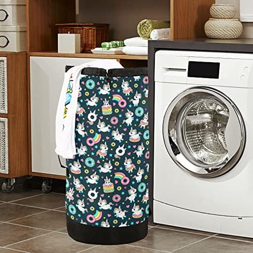 Donut Unicorn Rainbow Nylon Laundry Bag - Lastes de fechamento de cordão e bolsas grandes laváveis ​​para máquina se encaixam em cesta de lavanderia ou cesto e forte o suficiente para transportar até três cargas de roupas