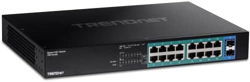 TrendNet 18 portas Gigabit Poe+ Switch, 16 x 30W Poe+ Portas, 2 Gigabit SFP Slots, orçamento de 240w POE, capacidade de comutação de 36 Gbps, 1U de 19 ”Rack Montable, Proteção ao longo da vida, Black, TPE-TG182