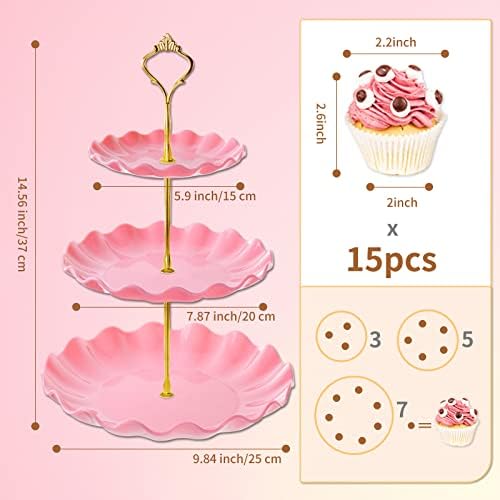 Porta de suporte de cupcakes de 3 camadas, toalha de bolo de xícara de plástico bacechy com bandeja de porção em camadas para cupcakes, donuts, frutas e muito mais, rosa