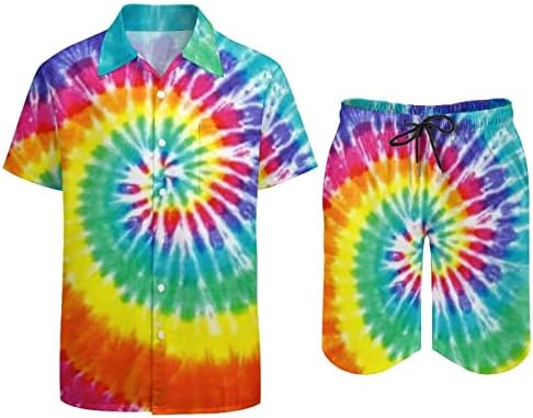 WeedKeycat Amazing Tie Dye Men's Beach Roupfits 2 peças Button Hawaiian Down Camise