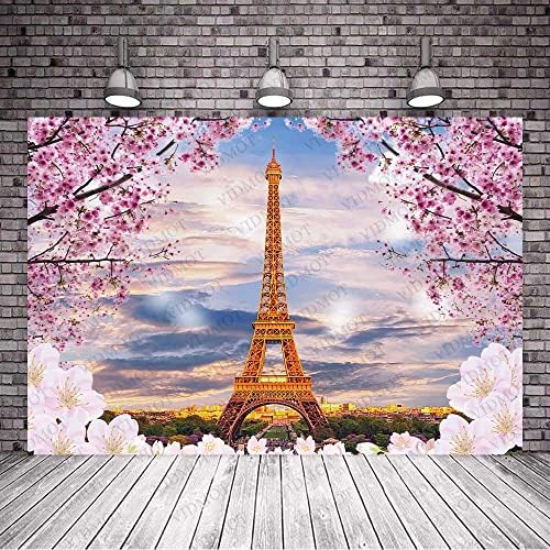 Vidmot Paris Eiffel Tower Background 7x5ft Blossom Flower Bordado de Flor para Viagens Férias Casal Pessoas Retrato