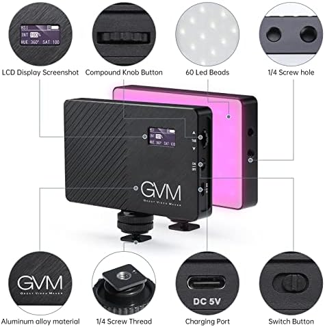 GVM RGB Câmera LED Luz de saída de saída de vídeo colorida, painel de luz de 2700k-7500k de 2700k-7500k para o YouTube DSLR Câmera de câmera iluminação fotográfica, 8 efeitos de luz comum, bateria recarregável embutida