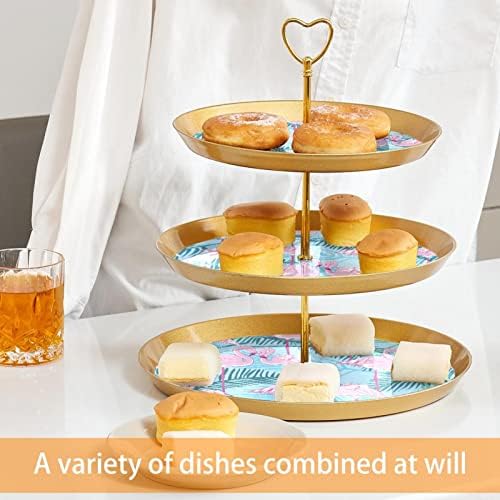 Conjunto de exibição de mesa de sobremesa, suporte de cupcake de ouro, estandes de sobremesa, bandeja de porção de 3 camadas, suporte de bolo de xícara, suporte de bolo de casamento para mesa de sobremesa, folhas tropicais de flamingo