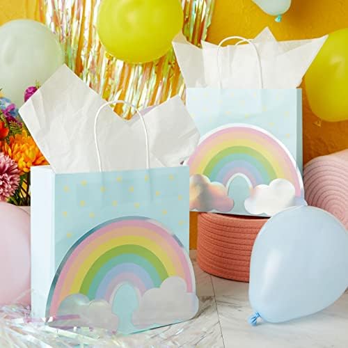 Rainbow Gift Smags com alças e 20 lençóis de papel de lenço branco, sacolas de brindes de tamanho médio para chá de bebê, favores de festa de aniversário