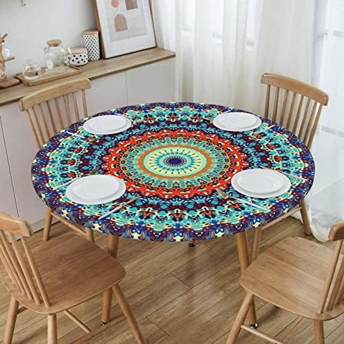 Tocada de mesa redonda de qalfkad boho mandala montada com design de borda elástica, tampa de mesa à prova d'água retro limpa-retro para decoração de pátio de jantar externo interno, tabelas de até 45 -50 diâmetro