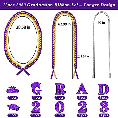 2023 Lei de fita de graduação e colar trançado de cordão de honra - Purple Gold Handmade Grad Grad Lei com Glitter 2023 Grad Pins para a turma de 2023 homens Menino