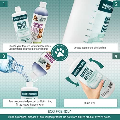 Especialidades da natureza misturando garrafas e shampoo de cachorro pacote, fácil de ler medições misturando