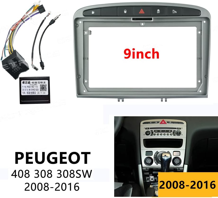 Painel de Fáscia de Rádio de Carro de 9 polegadas para Peugeot 408 308 2008- Arnês de estrutura estéreo