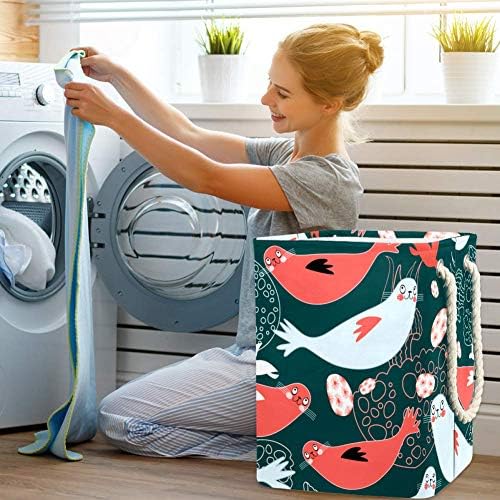 Focas engraçadas e mar de água -viva lavanderia lavanderia cesto de pano dobrável cesto de dormitório armazenamento