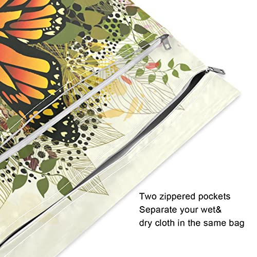 Kigai Butterfly Flower Sacos secos molhados para fraldas de pano de bebê, sacos de viagem laváveis, praia, piscina, bolsa de ginástica para roupas de banho e roupas molhadas 2 pacote