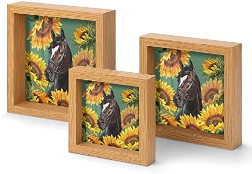 Cavalos com girassóis moldura de madeira de 3 quadros de fotos com vidro para decoração de tela de desktop