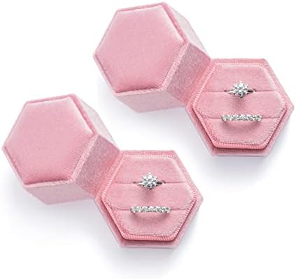 Caixa de anel de veludo, suporte para anel hexágono, slots duplos anéis de joias portador Boxs 2 slot para proposta,
