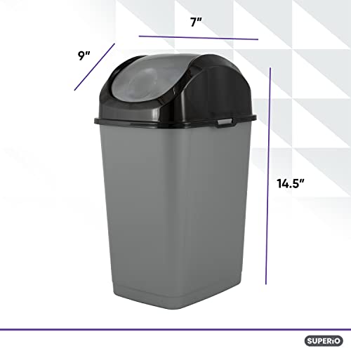 Superio pequeno lixo de plástico de 2,5 galões lata com tampa superior de balanço, lixo de resíduos para baixo da mesa, escritório, quarto, banheiro- 10 qt, cinza/ preto
