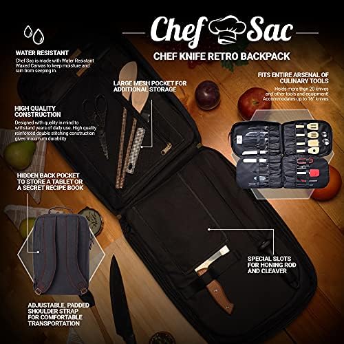 Chef Sac Chef Knife Retro Backpack com guardas de faca de 2 pacote incluídos