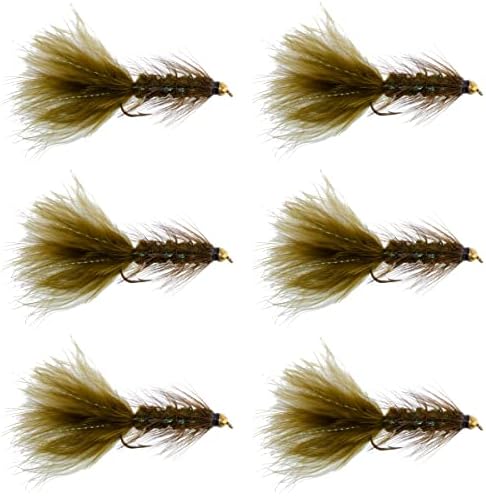 The Fly Pishing Place Dark Olive Bead Head Krystal Woolly Bugger Classic Flies - Conjunto de 6 moscas de pesca
