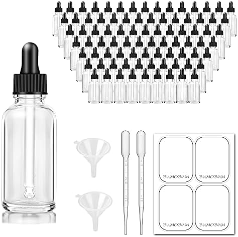 Garda de conta lotusbtdt 1 oz para óleos essenciais, 100 ml de gotas de gotas de vidro transparente com gotas de colírio, funil e pipetas, garrafas de tintura vazia para viagem