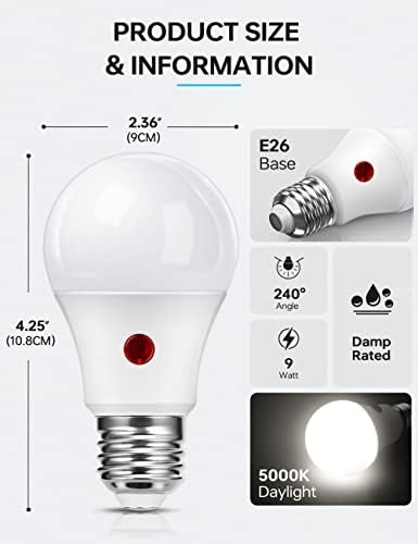 Aproveite a lâmpadas ao ar livre, lâmpadas LED A19 com lâmpada LED com sensor automático de luz automática, de 5000 mil dias, base E26, 900lm, luz inteligente de 9W para o quintal da garagem, 4 pacote