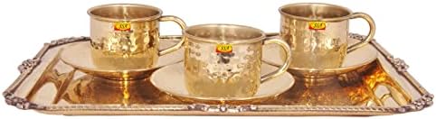 Shiv Shakti Arts® Pure Brass Karvi Eatching Design Serving Bandey com 3 copo de latão e pires | Conjunto de chá de chá da manhã SetWare Servware 7 peças Conjunto.