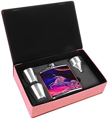 Unicorn Rainbow Crescent Moon -Rink Leather Liquor Flask Gift Box Set