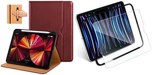 Caso DTTO para iPad Pro 11 polegadas 4/3ª/2ª/1ª geração 2022/2021/2020/2018, Fit iPad Air 4/5, cobertura de fólio de couro PU premium com protetor de tela de vidro temperado e moldura de alinhamento, Borgonha vermelha