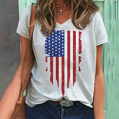 Comigeewa Manga curta Tshirts for Girls Fall Summer V Neck American Flag Graphic Brunch Bloups Tshirts Womens