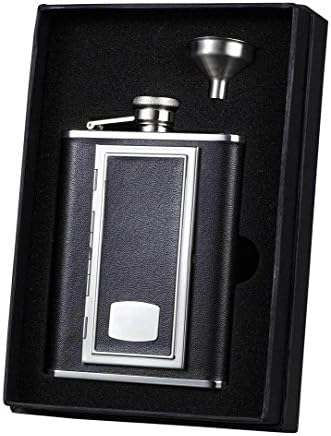 Visol Holiday Essential SP Black Leather Flask com cigarro embutido Conjunto de presentes, 6 onças, prata