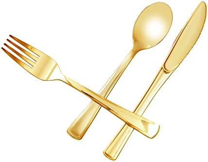 N9R 60pcs Tiluras de plástico de ouro - talheres de plástico dourado conjunto de talheres descartáveis ​​- 30 Forks Gold Forks, 15 colheres de ouro, 15 facas de ouro para festas, aniversário, utensílios de ouro de casamento