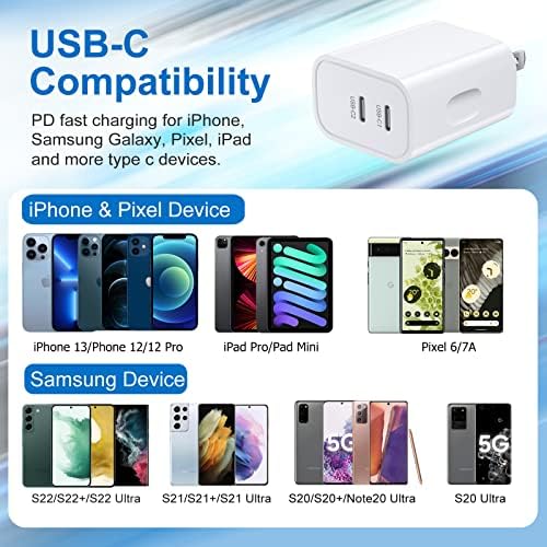 Bloco de carregador USB C [4 pacote], Bangfun 20w Dual USB C Carregador de parede Double C Tipo de bloqueio de carregamento rápido compatível com iPhone 14/12/12/11 Pro Max/Xr/XS/Se/8/7 Plus, iPad Pro