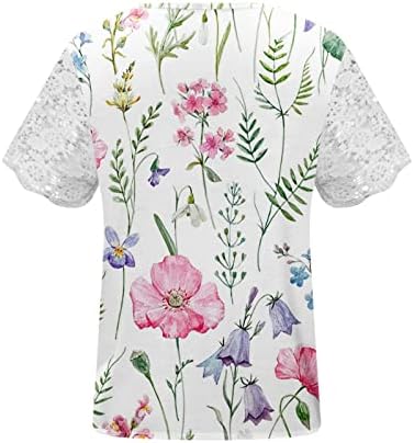 Camisetas da moda para mulheres crochê de crochê V Blusa do pescoço Floral Print Cutout Tees de manga curta Summer Tops elegantes