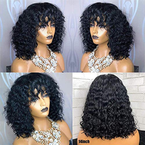 Glamourosa Remi Wave Curly Wair Human Wigs com franja Branco Virgem Brazia Virgem Wavy Human Human Wigs Nenhuma máquina de densidade de 150% de renda de 150% para mulheres negras cor naturais de 24 polegadas 24 polegadas