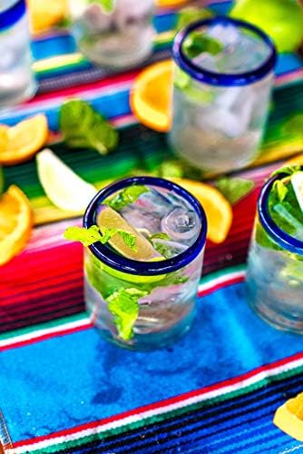 Conjunto de emporion de 6 copos de copo de mangueira do México com aro azul cobalto - rústico e vidro de vidro reciclado artesanal que bebe copo de vidro