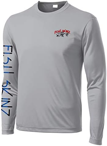 Fish Skinz Mens Performance Camisa de pesca UV 50 Proteção, bandeira blueline, cinza