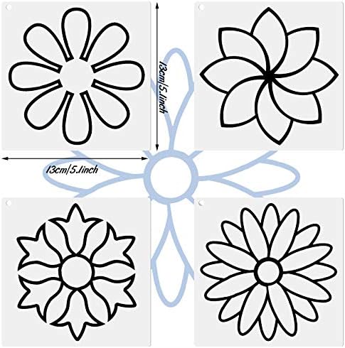 9 Peças Linha de flor Kit de estêncil de estêncil Estênceis de costura Flor Modelo Mylar reutiliza estênceis com anel aberto de metal para costurar em roupas de colcha de tecido