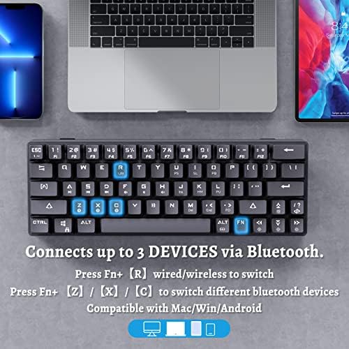 Dierya DK63N 60% Teclado de jogo mecânico sem fio sem fio, teclado BLUETOOTH LARLILHO RGB com teclas de seta, 63 teclas de teclado ultracompacto programáveis ​​com interruptor marrom para laptop para Windows PC Mac