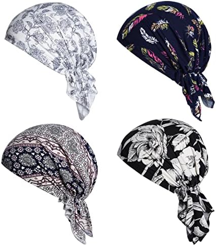 SUCRAIN 4PCS Pré-amarrado Fiz de lenço de cabeça de quimiotela Capas de boné Lenços de cabeceira Sleep Turban Women Bandana com Prifn