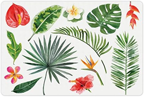 Ambesonne Aloha Pet tapete Para alimentos e água, plantas tropicais definem os elementos da floresta tropical da selva florescem e folhas, tapete de borracha sem deslizamento para cães e gatos, 18 x 12, multicolor