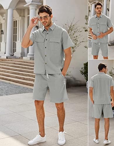 Homens de 2 peças camisas de linho conjuntos de roupas de praia de verão botão de manga curta para baixo camisa de tração de tração solta
