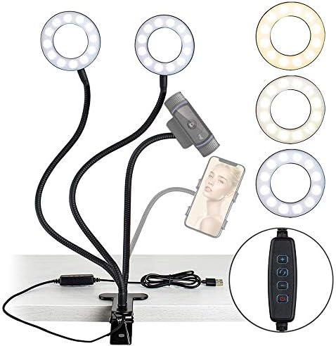 NEXIGO 3,5 polegadas Luz de anel de selfie duplo com telefone MOIBL e porta-webcam, modos de 3 luzes, 10 níveis de brilho, LED Ringlight With Tripod Stand, para streaming de videoconferência de maquiagem ao vivo