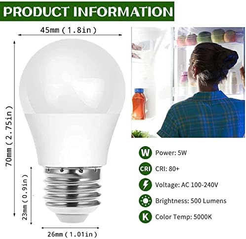 Lâmpada de geladeira LED, aparelho de LED equivalente a 40 watts A15 Lâmpada 5000k Day Light for Fridge,