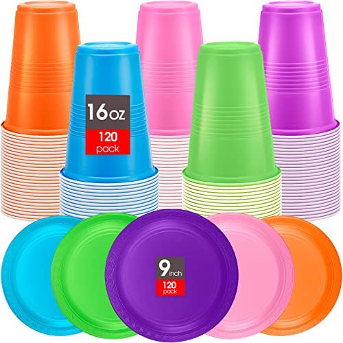 Yinder 100 conjuntos 16 oz cores variadas xícaras plásticas bebendo xícaras de 9 polegadas de 9 polegadas Placas